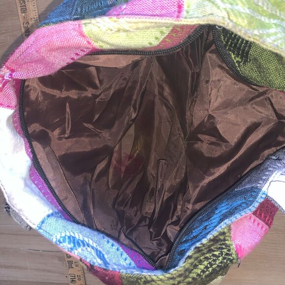 Womens Fabric Tote Bag Multi-Color Squares Zipper Shoulder Purse - Picture 7 of 7